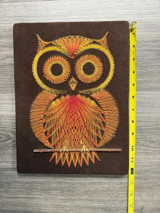 Vintage Handcrafted Owl String Art Wall Decor Yellow & Orange MCM - Picture 8 of 9
